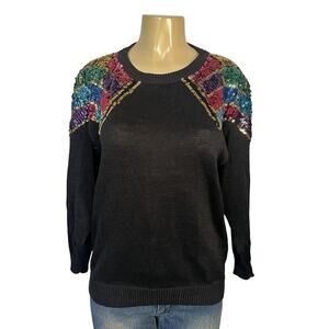 Celina Yang Sweater Womens Small Black Sequin Beaded Shoulder Ramie Blend Party